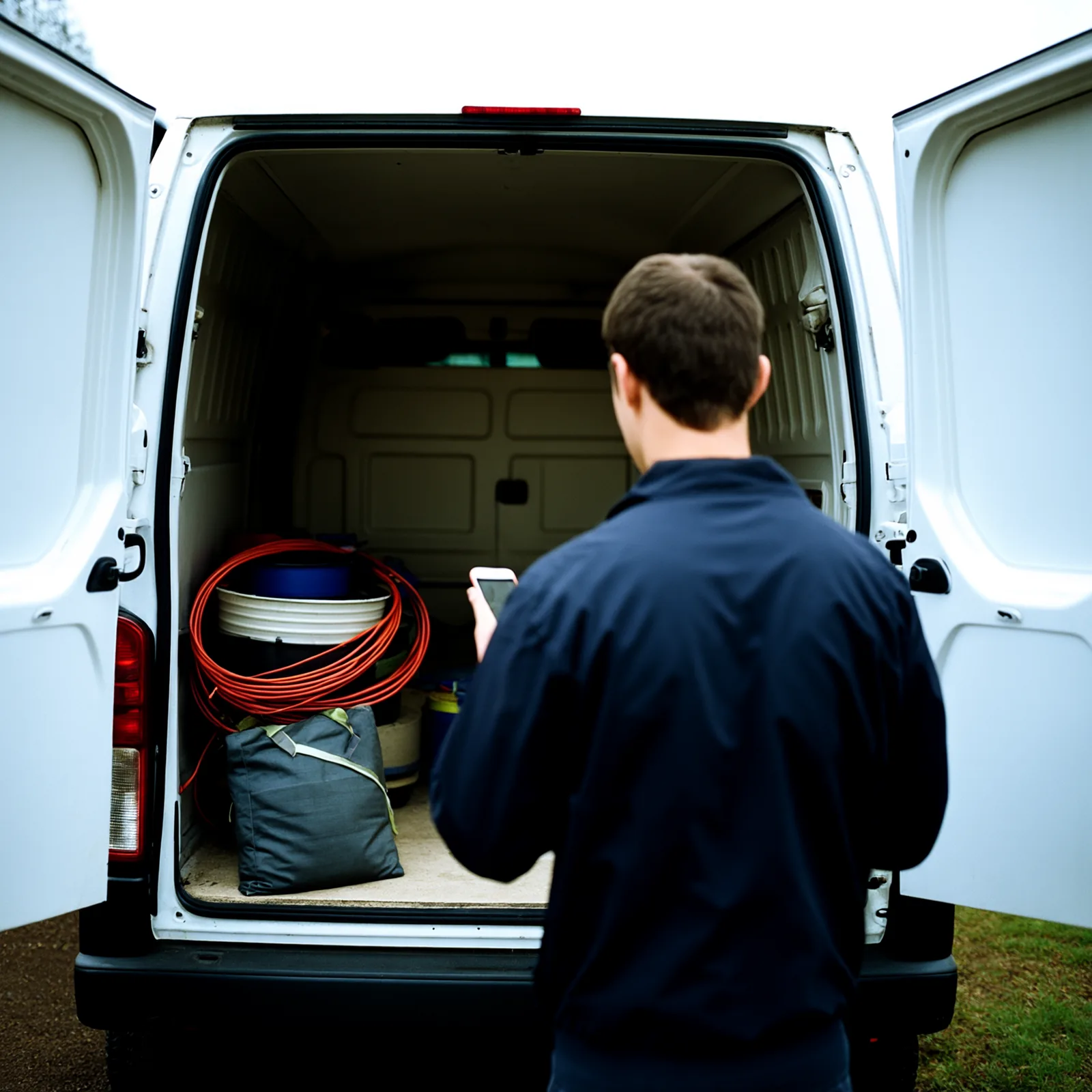 An electrician using a phone at the van