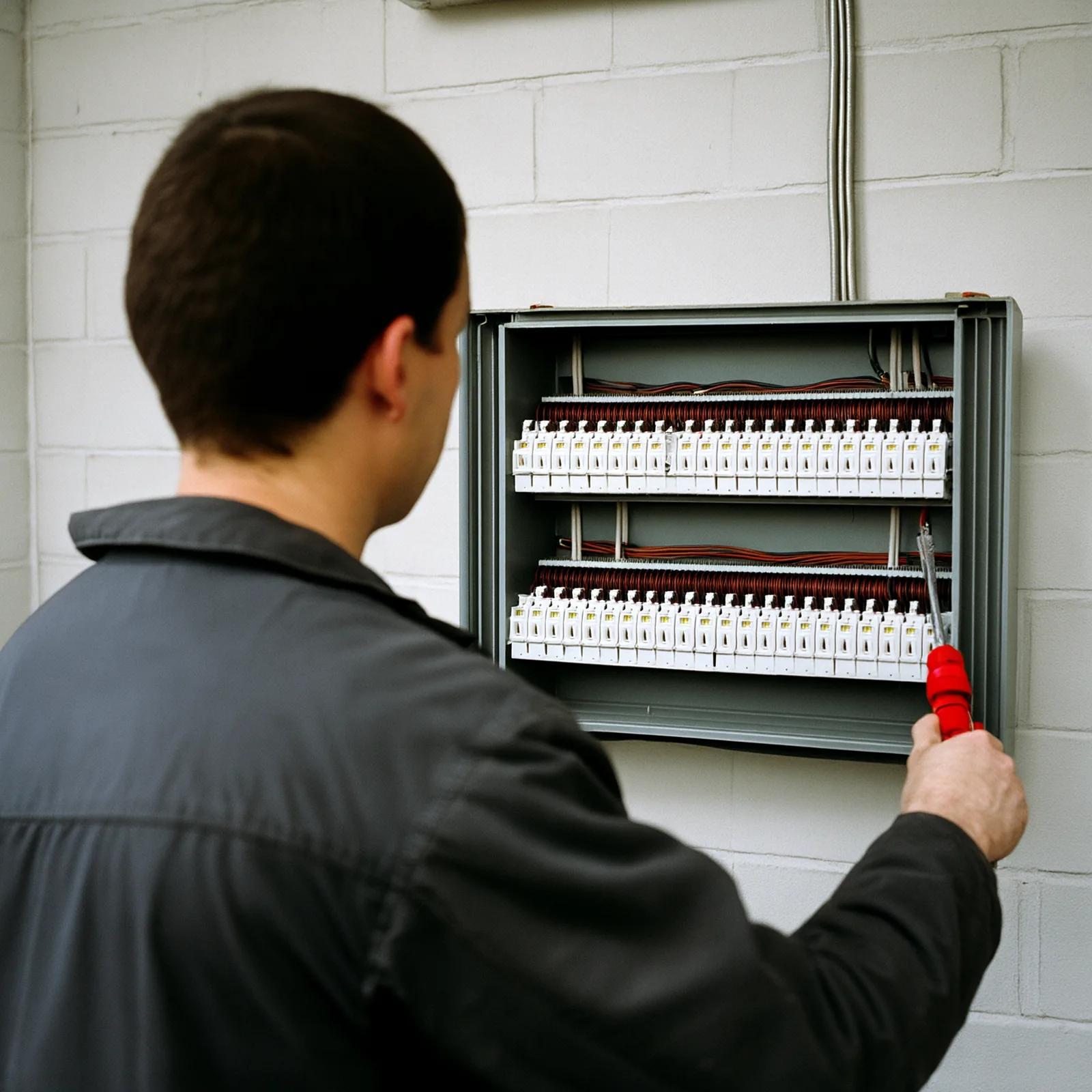 An electrician working at a distribution board