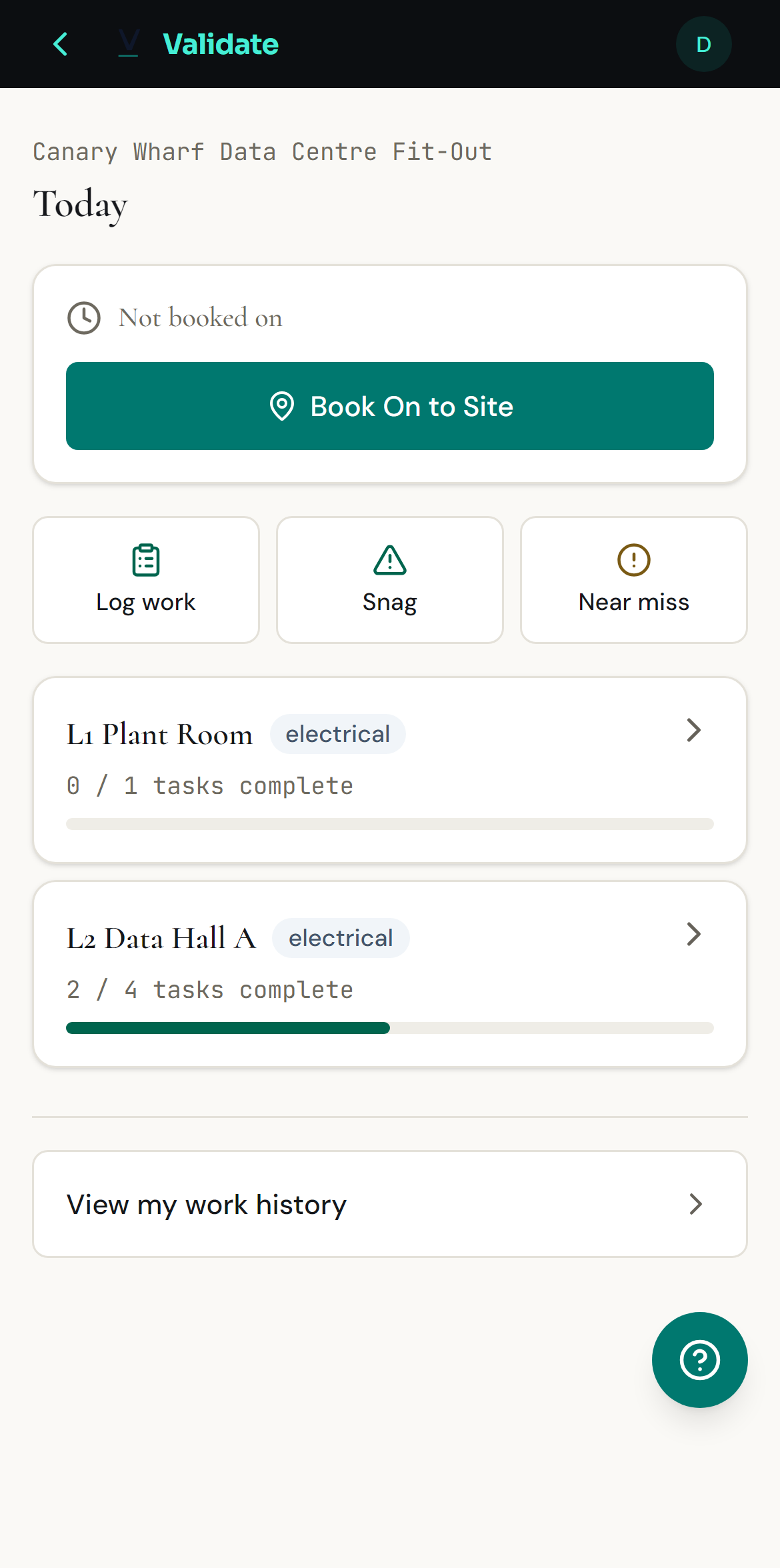 The engineer app's log work screen