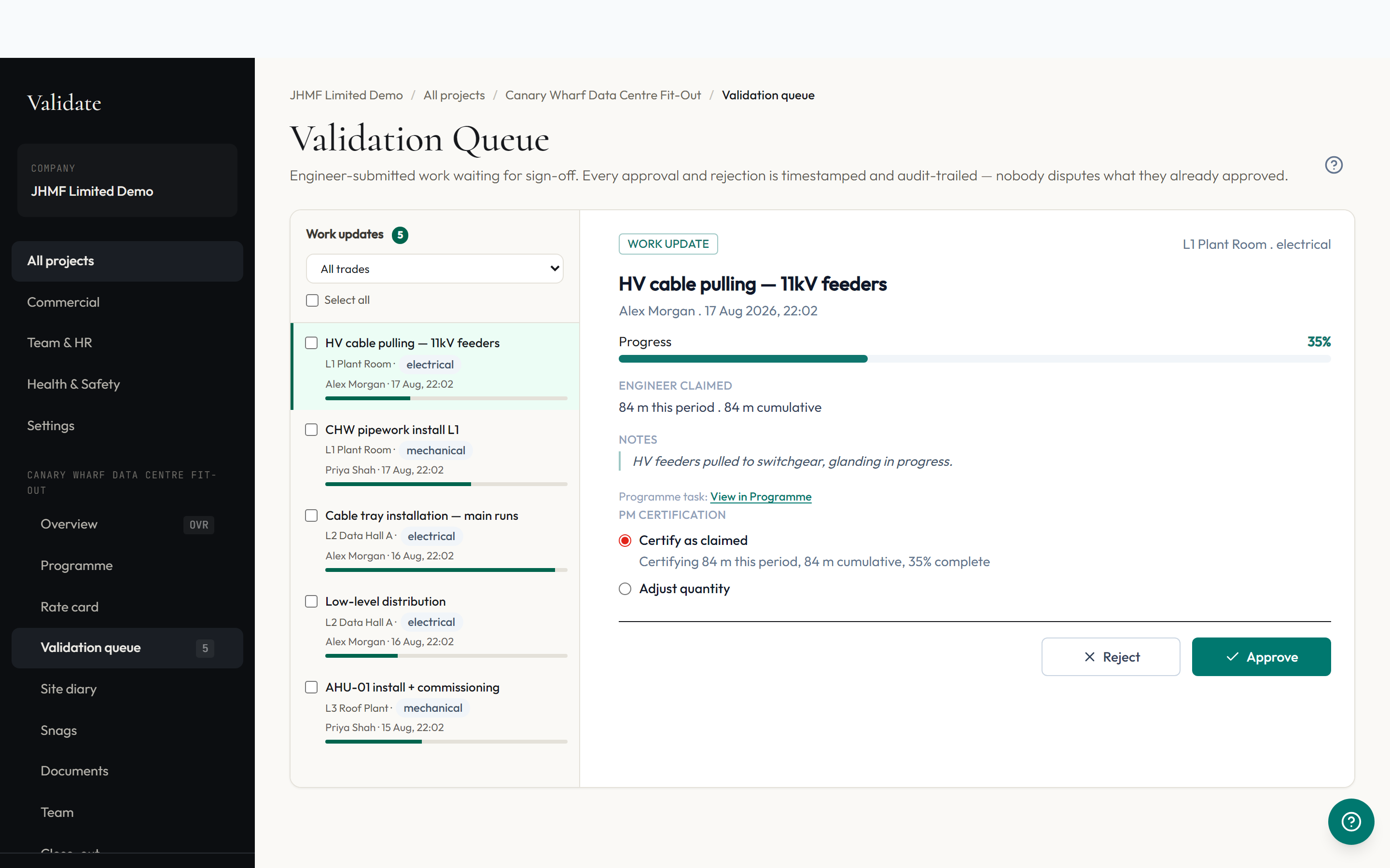 The validation queue with work awaiting approval